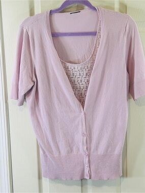 Light Pink Women's Short-Sleeve Button Cardigan with Lace Tank